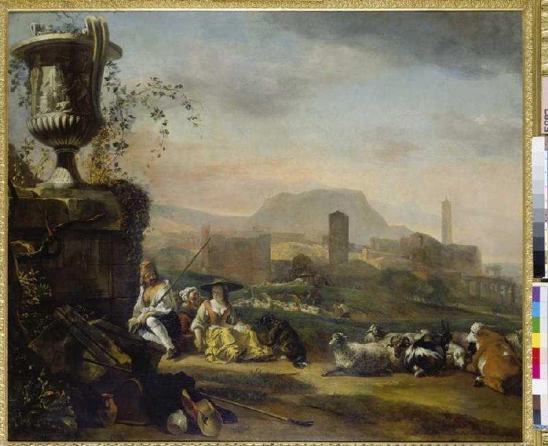 Roman landscape with shepherds and herd de Jan Weenix