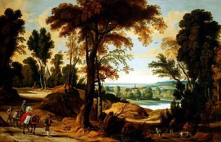 A wooded river landscape with figures on a road de Jan Wildens