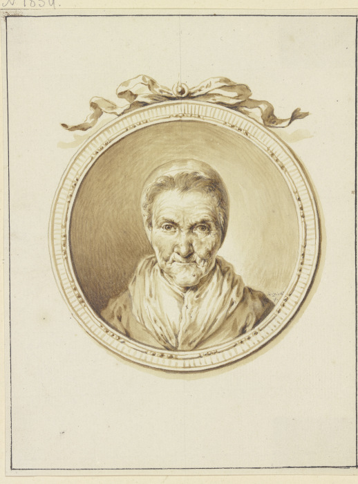 Bildnis einer alten Frau en face in einem Medaillon mit Schmuckband de Januarius Zick