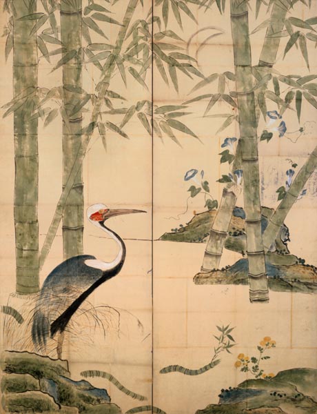 Pine and Bamboo and Cranes (w/c on panel) de Japanese School