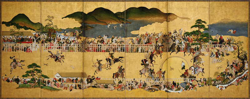 Six-fold Screen Depicting a Dog Chasing Contest, Japanese, 1624-43 de Japanese School