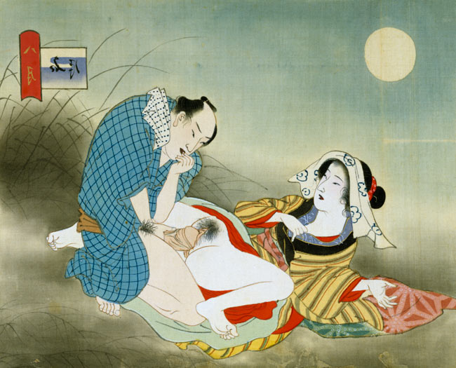 Couple Making Love in the Moonlight (w/c on silk) de Japanese School