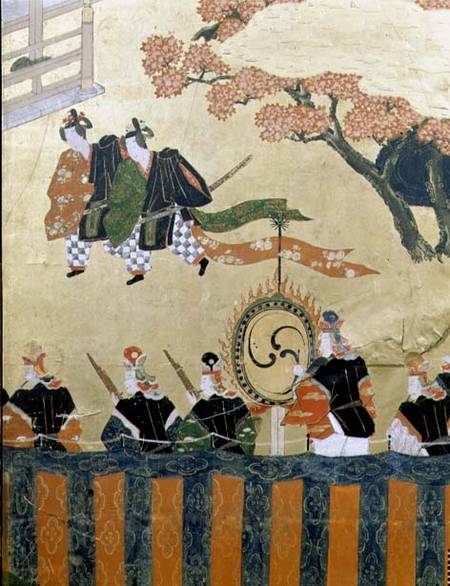 Detail from a four leaf screen depicting two courtiers wearing kazaritachi and soldiers, Tosa School de Japanese School