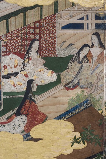 Detail of Spring in the Palace, six-fold screen from 'The Tale of Genji' de Japanese School