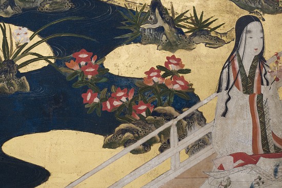 Detail of Spring in the Palace, six-fold screen from 'The Tale of Genji' de Japanese School
