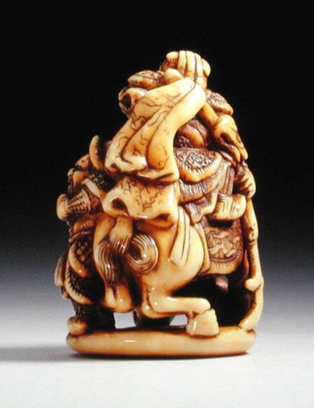 Reverse side of a netsuke in the form of a Chinese warrior on horseback with his attendant de Japanese School