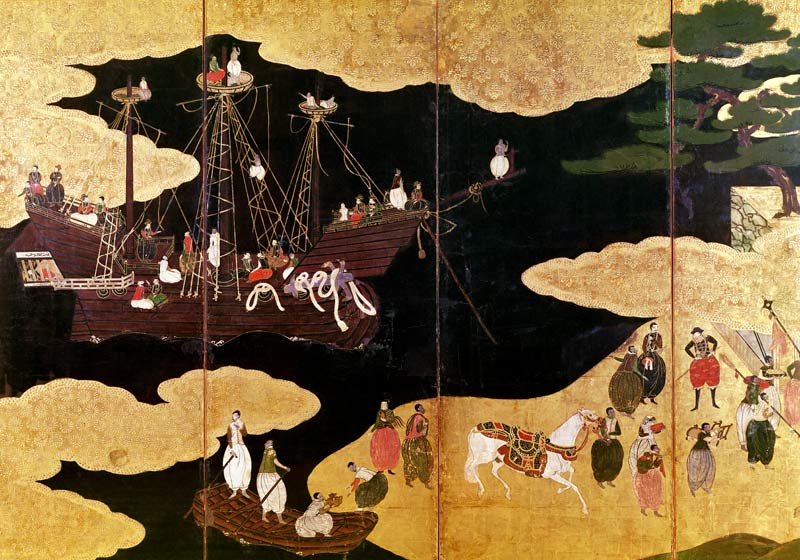 The Arrival of the Portuguese in Japan, detail of the left-hand section of a folding screen, Kano Sc de Japanese School