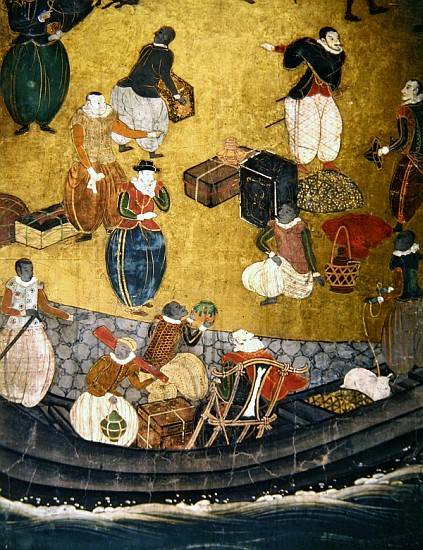 The Arrival of the Portuguese in Japan, detail of unloading merchandise, from a Namban Byobu screen, de Japanese School