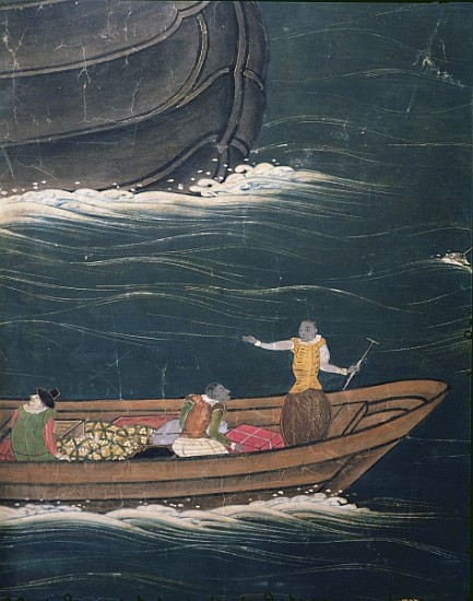 The Arrival of the Portuguese in Japan, detail of small ship with cargo, from a Namban Byobu screen, de Japanese School