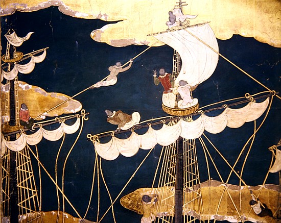 The Arrival of the Portuguese in Japan, detail of ship''s mast and crow''s nest, from a Namban Byobu de Japanese School