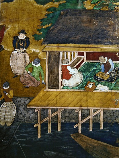 The Arrival of the Portuguese in Japan, detail of a house on stilts, from a Namban Byobu screen, 159 de Japanese School