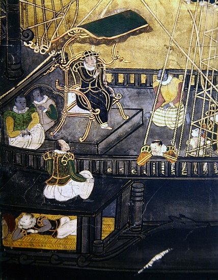 The Arrival of the Portuguese in Japan, detail showing men in the central part of a ship, from a Nam de Japanese School