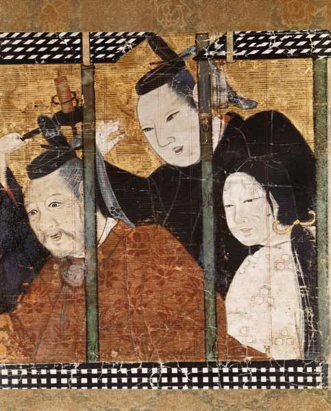 Two men and a woman behind an awning, detail from a screen, 15th-18th century de Japanese School