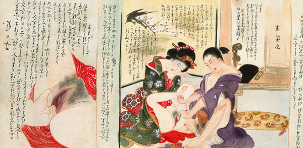 Two Erotic Illustrations from a scroll (w/c on silk) de Japanese School