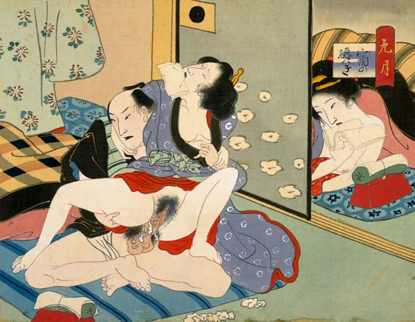 Woman Observing as Couple Have Sex (w/c on silk) de Japanese School