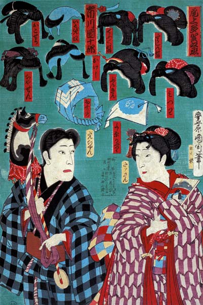 Japanese Wigs from the Meiji period (1868-1912) for Kabuki theatre, 1883 (colour litho) de Japanese School, (19th century)
