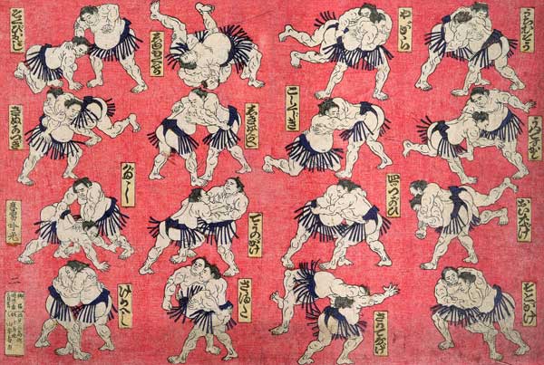Sumo wrestlers (hand tinted wood engraving on paper) de Japanese School, (19th century)