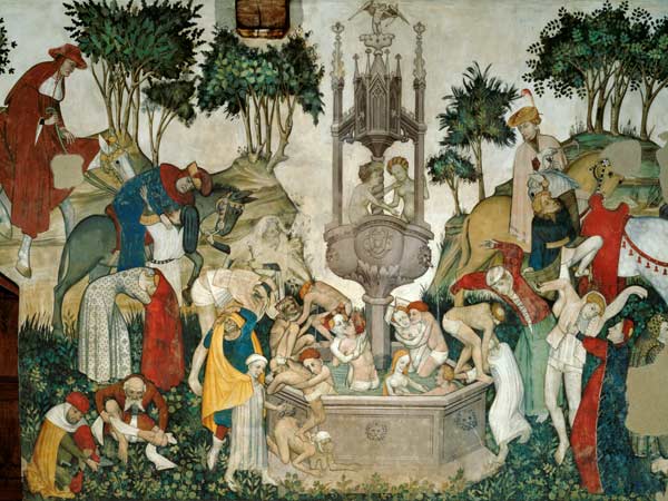 The Fountain of Life, detail of people arriving and bathing in the fountain de Jaquerio