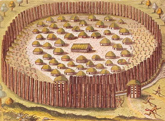 Fortified Indian Village, from ''Brevis Narratio...'', published by Theodore de Bry, 1591(detail of  de J.(de Morgues) Bry Th. (1528-98) after Le Moyne
