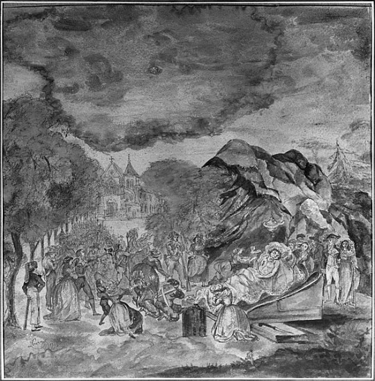 People filing past Marat''s corpse near the grotto of Les Cordeliers, 1793 (pencil & w/c on paper) de Jean Antoine Laurent