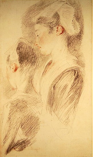 Two studies of a woman, three-quarters from rear, one in profile (sanguine and black chalk on paper) de Jean Antoine Watteau