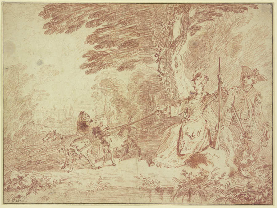 Jagdpartie, Jägerin und Jäger mit vier Hunden in einer Landschaft de Jean-Antoine Watteau