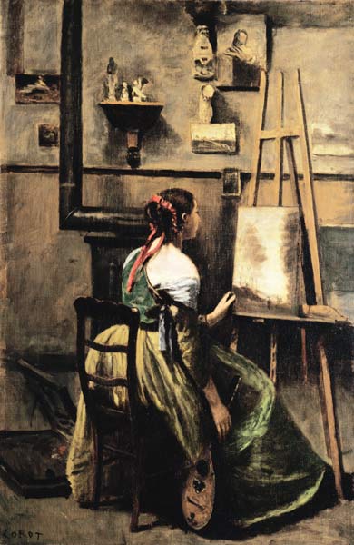 The Studio of Corot, or Young woman seated before an Easel, 1868-70 (oil on canvas) de Jean-Baptiste-Camille Corot