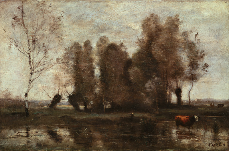 Cluster of trees on a river shore de Jean-Baptiste-Camille Corot