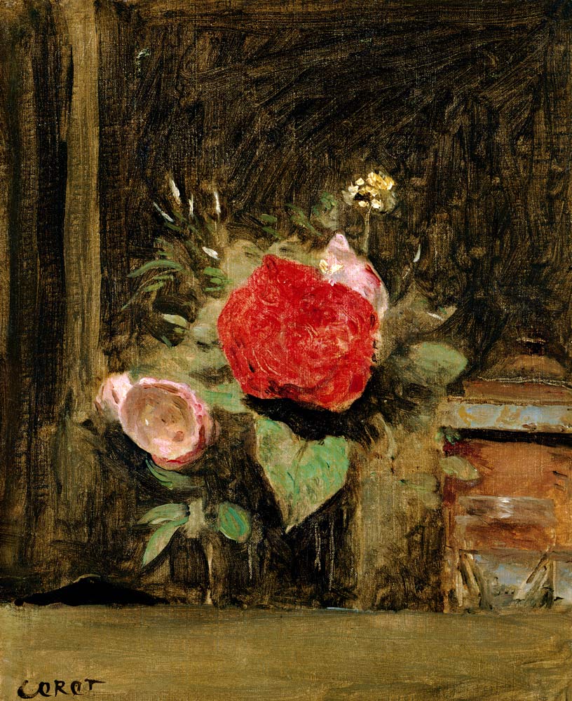 Bouquet of Flowers in a Glass beside a Tobacco Pot de Jean-Baptiste-Camille Corot