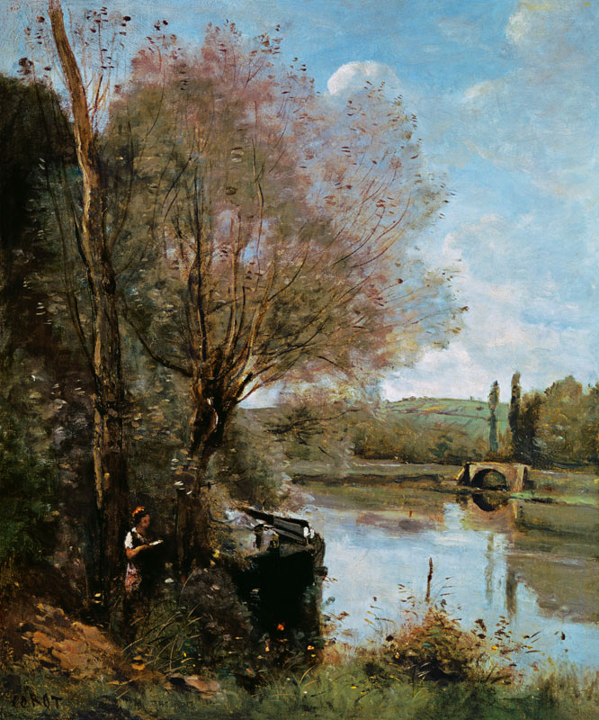 Reading at a wooded riverbank de Jean-Baptiste-Camille Corot