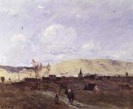 Cavalier in sight of a Village de Jean-Baptiste-Camille Corot