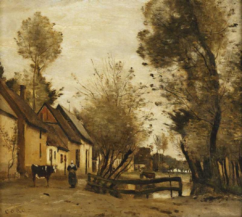 Flesselles, Straße mit Bauer und Kuh (Flesselles, une Rue avec une Paysanne et sa Vache) de Jean-Baptiste-Camille Corot