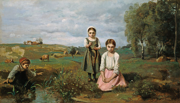 Children beside a brook in the countryside, Lormes (oil on canvas) de Jean-Baptiste-Camille Corot