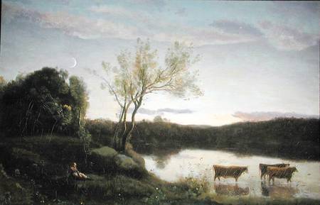 A Pond with three Cows and a Crescent Moon de Jean-Baptiste-Camille Corot