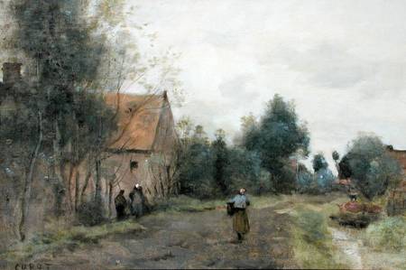 Sin near Douai, Village Street in the Morning, Grey Weather de Jean-Baptiste-Camille Corot