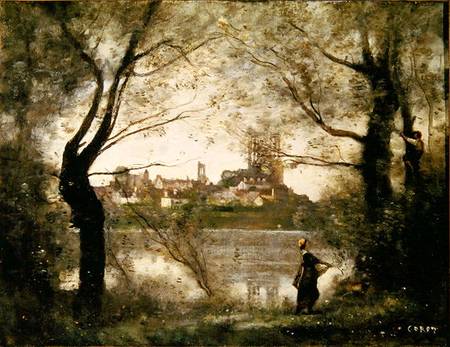 View of the Town and Cathedral of Mantes Through the Trees, Evening de Jean-Baptiste-Camille Corot