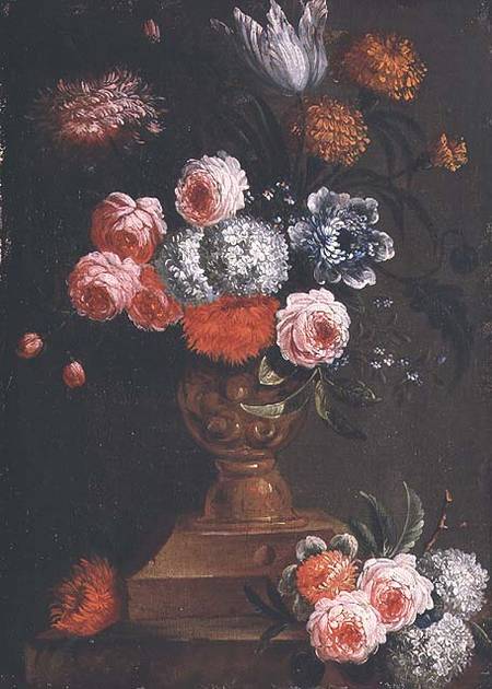 Tulips, Marigolds, Viburnum, Forget-me-nots, Roses and other Flowers in an Urn de Jean-Baptist Bosschaert
