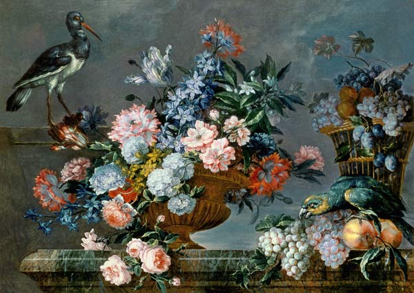 Naturaleza muerta con frutas, flores y aves de Jean Baptiste Monnoyer