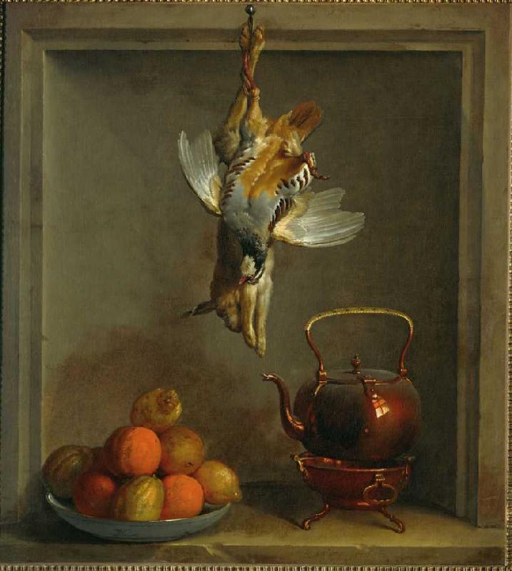 Rebhuhn, Hase, Zitronen, Orangen und Teekessel. de Jean Baptiste Oudry