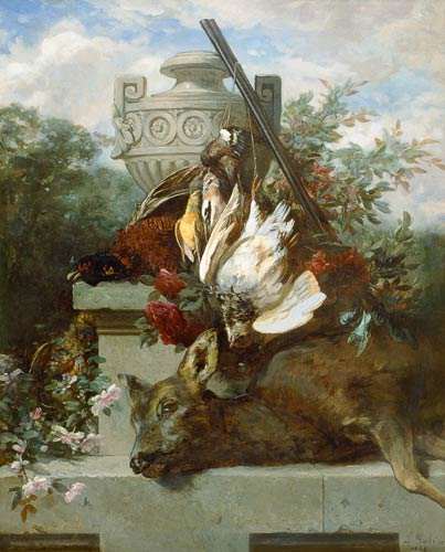 Hunting still life with birds, deer and flowers de Jean Baptiste Robie