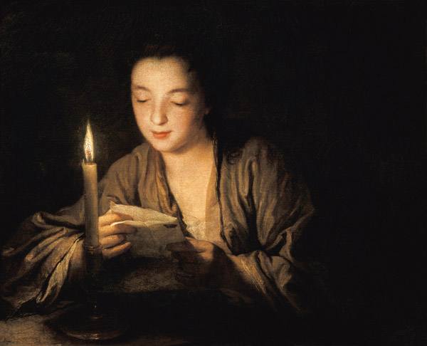 Una joven leyendo una carta bajo la luz de vela de Jean Baptiste Santerre