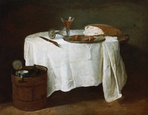 Bread, sausage and two wine-glasses on a round tab de Jean-Baptiste Siméon Chardin