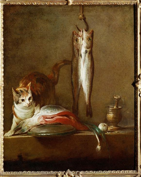 Chat avec tranche de saumon, deux maquereaux, mortier et pi de Jean-Baptiste Siméon Chardin