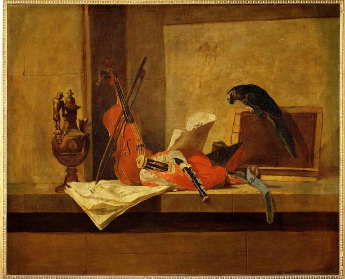 Instruments de musique et perroquet de Jean-Baptiste Siméon Chardin