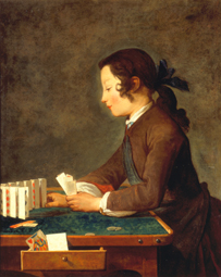 Junges Mädchen (junger Knabe?) baut ein Kartenhaus. de Jean-Baptiste Siméon Chardin