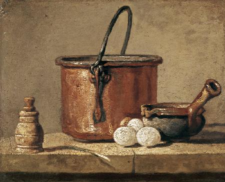 Still life with a pan, pepper pot, leek and three