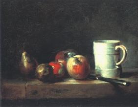 Still life with a cup, pear, four apples and a kni