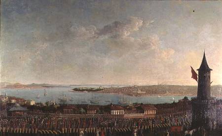 View of Constantinople with a procession of janissaries passing the Galata Tower de Jean Baptiste Vanmour