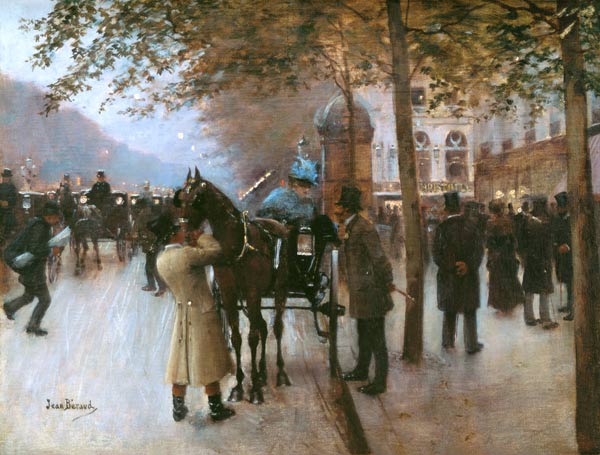 The Boulevards, Evening in Front of the Cafe Napolitain, late 19th century (oil on canvas) de Jean Beraud