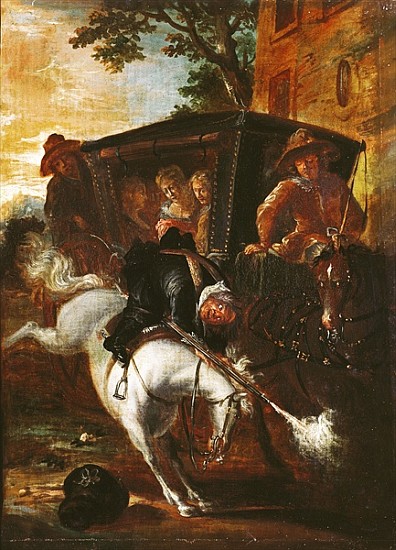 With a Musket on his Back, Ragotin Climbs onto his Horse to Accompany the Troupe, from ''Roman Comiq de Jean de Coulom